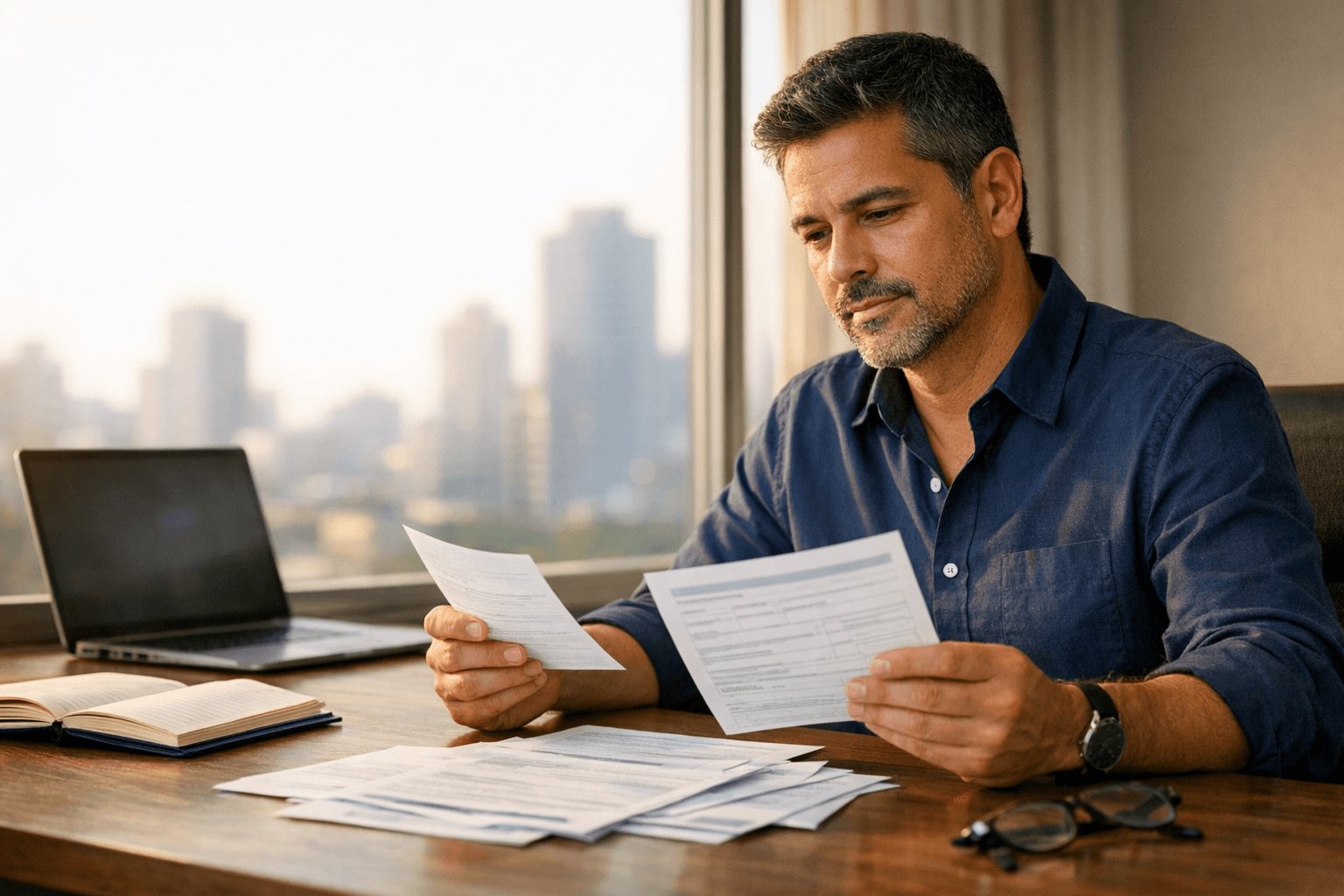 Profissional analisando documentos previdenciários em uma mesa de trabalho