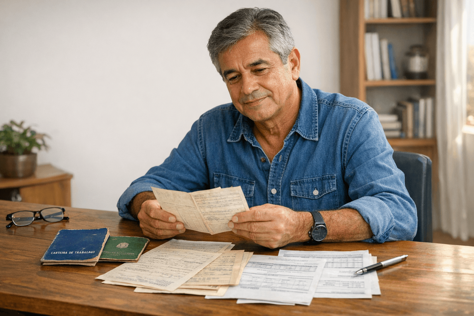 Pessoa revisando carteira de trabalho e documentos previdenciários para antecipar a aposentadoria